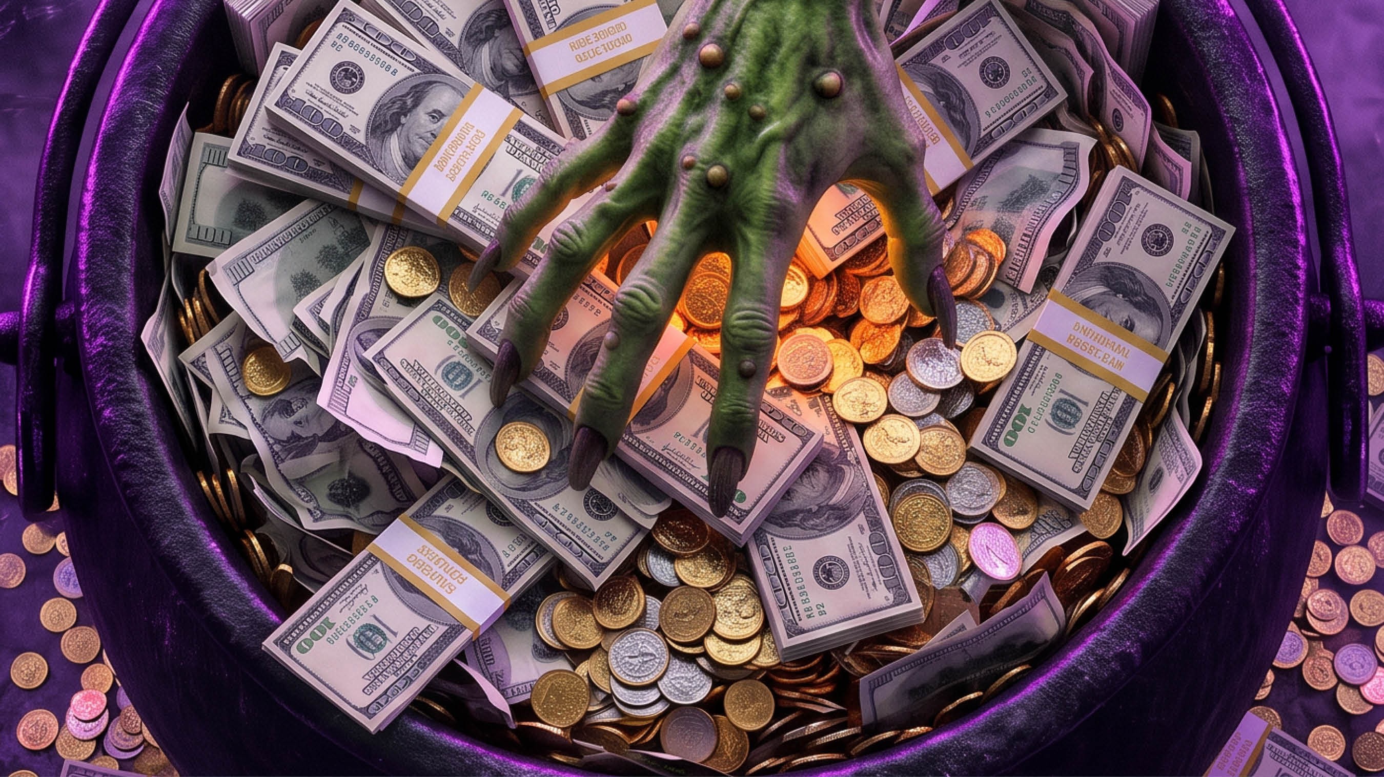 Picture of a skeleton hand over a cauldron of cash. 